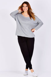 Model Laura wearing size 12 of the Milan Stretch Top in colour SilverMarl (Grey), from the front, showing the whole outfit