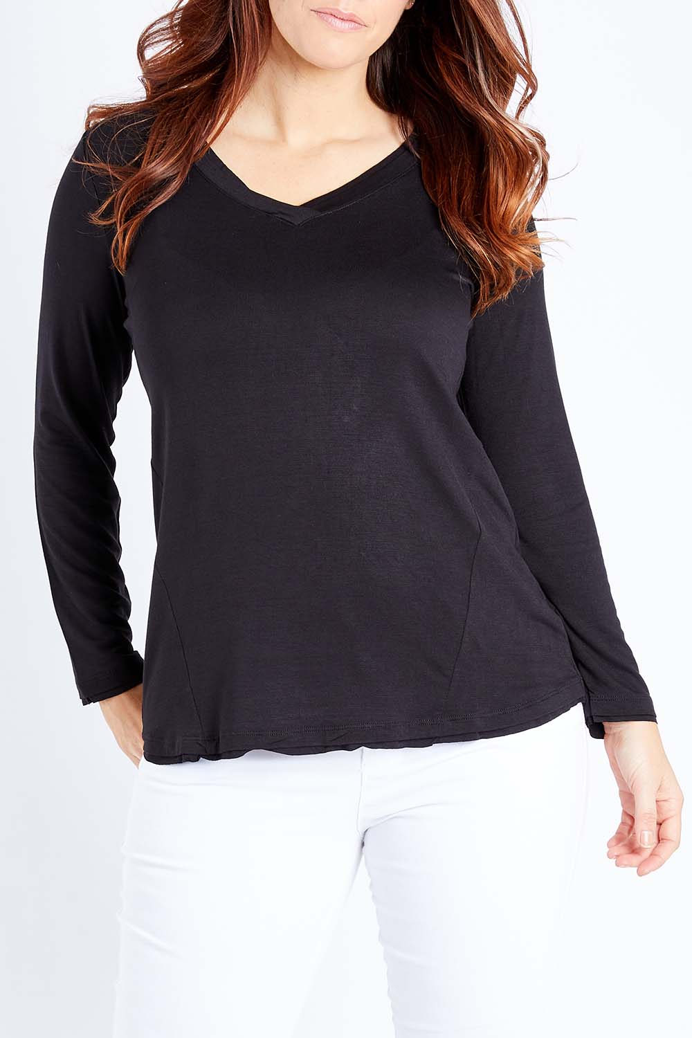 Model Laura wearing size 12 of the York Top in colour Black (Black), from the front, cropped image