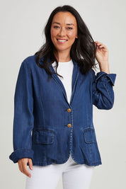 Model Katie wearing size 10 of the Melba Denim Blazer in colour Drkrinse (Blue), from the front, cropped image
