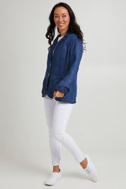 Model Katie wearing size 10 of the Melba Denim Blazer in colour Drkrinse (Blue), from the front, showing the whole outfit