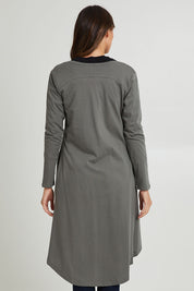 Model Madeline wearing size 10 of the Byron Cardigan in colour Ashgreen, from the back