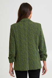 Model Madeline wearing size 10 of the Leopard Jacquard Blazer in colour Leopard (Green), from the back