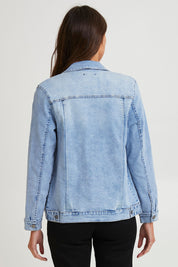 Model Madeline wearing size 10 of the Mayfair Denim Jacket in colour Vintage (Blue), from the back