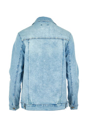 Product shot of the Mayfair Denim Jacket in colour Vintage (Blue), from the back