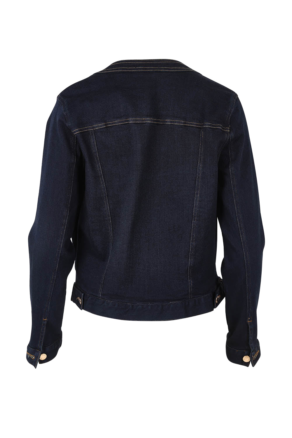 Product shot of the Cindy Collarless Denim Jacket in colour Ink (Blue), from the back