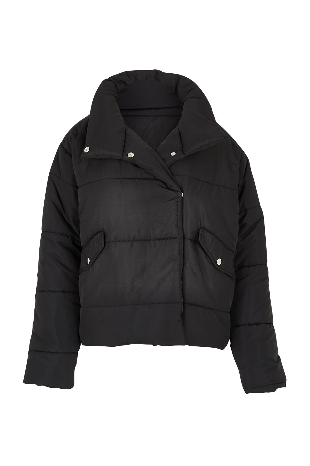 Product shot of the Presley Puffer Jacket in colour Black (Black), from the front