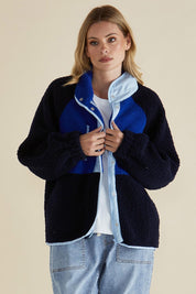 A model wearing the Franklin Fleecy Jacket in colour Blue (Blue), from the front, cropped image