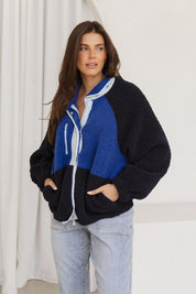 A model wearing the Franklin Fleecy Jacket in colour Blue (Blue), from the front, showing the whole outfit