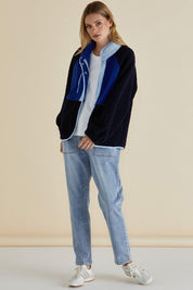 A model wearing the Franklin Fleecy Jacket in colour Blue (Blue), from the front, showing the whole outfit