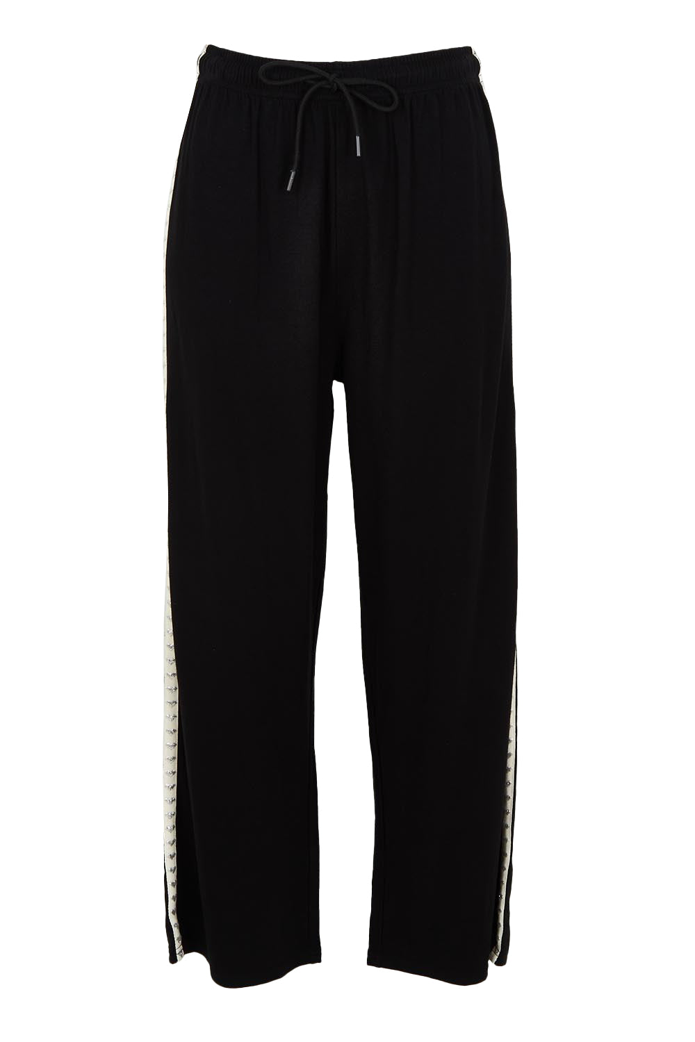 Product shot of the Evelyn Wide Leg Jogger in colour Blacktrim (Black), from the front