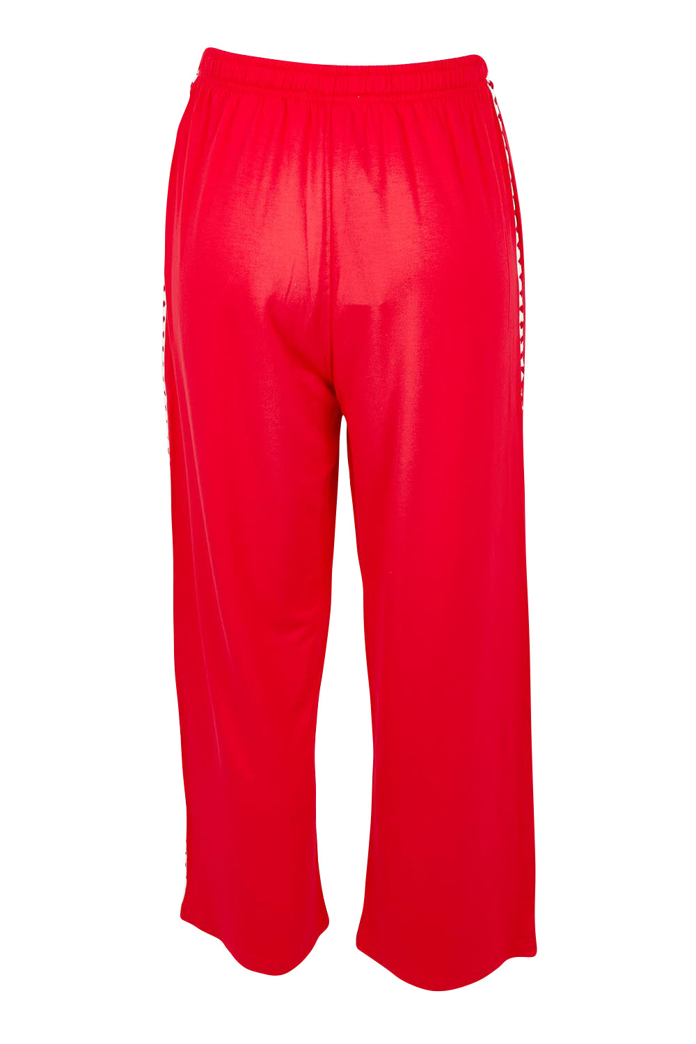 Product shot of the Evelyn Wide Leg Jogger in colour Redtrim (Red), from the back