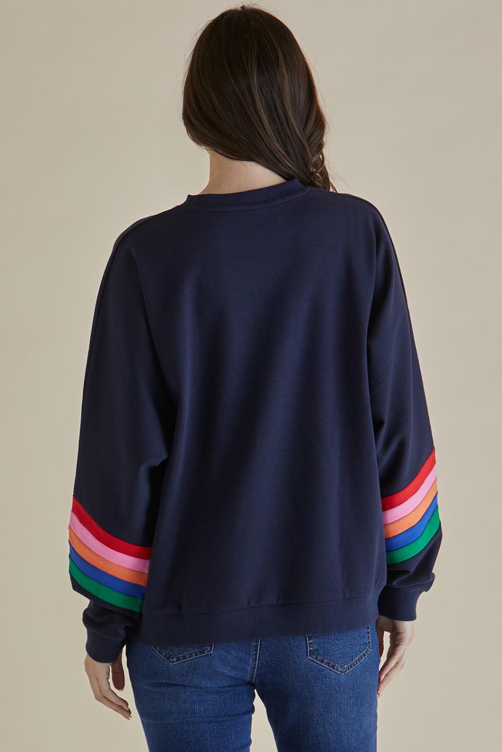 A model wearing the Davina Cotton Blend Jumper in colour Bluemulti (Blue), from the back