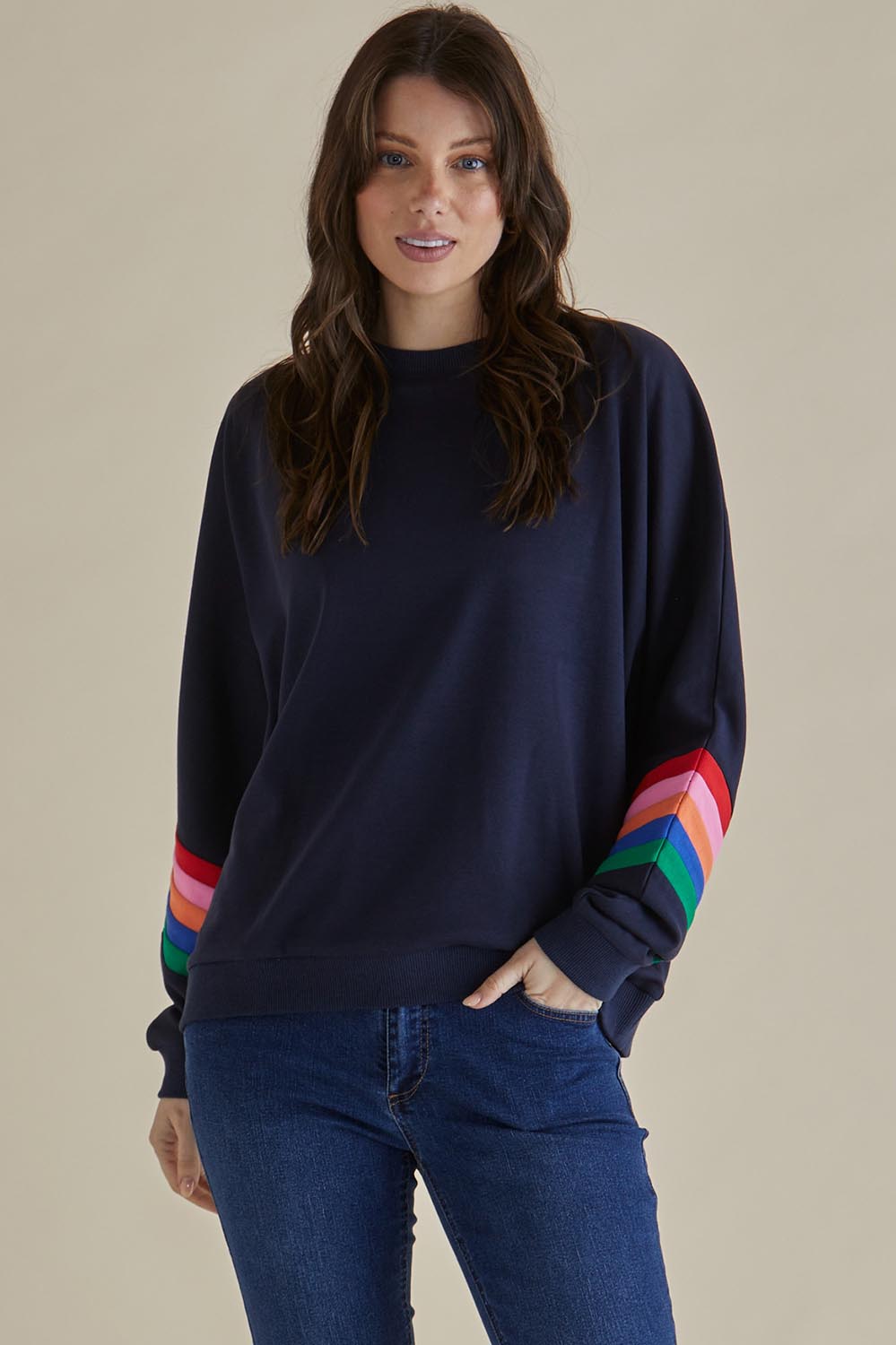 A model wearing the Davina Cotton Blend Jumper in colour Bluemulti (Blue), from the front, cropped image