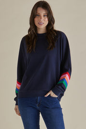 A model wearing the Davina Cotton Blend Jumper in colour Bluemulti (Blue), from the front, cropped image