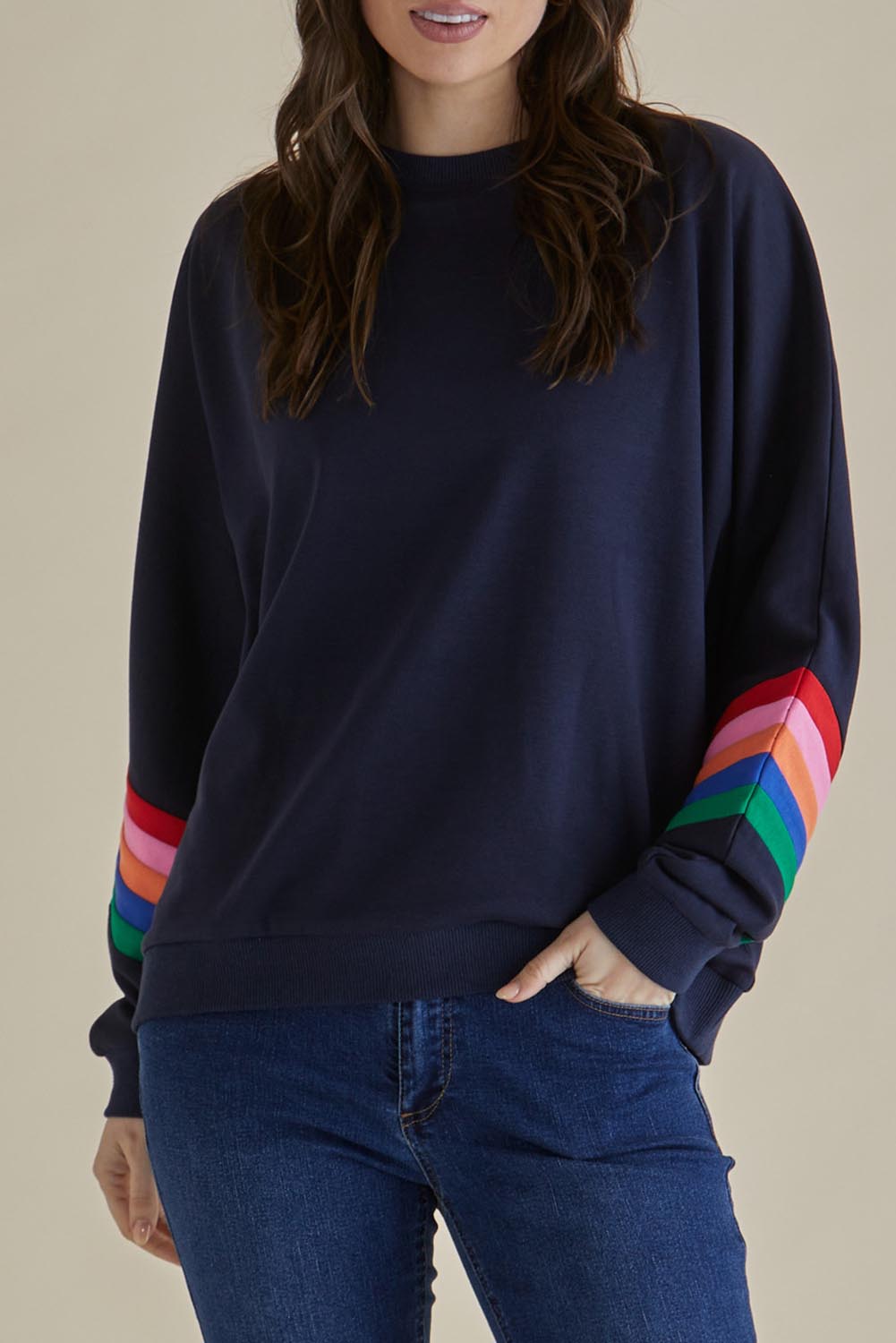A model wearing the Davina Cotton Blend Jumper in colour Bluemulti (Blue), from the front, cropped image