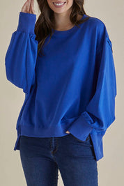 A model wearing the Mykie Cotton Blend Jumper in colour Blue (Blue), from the front, cropped image