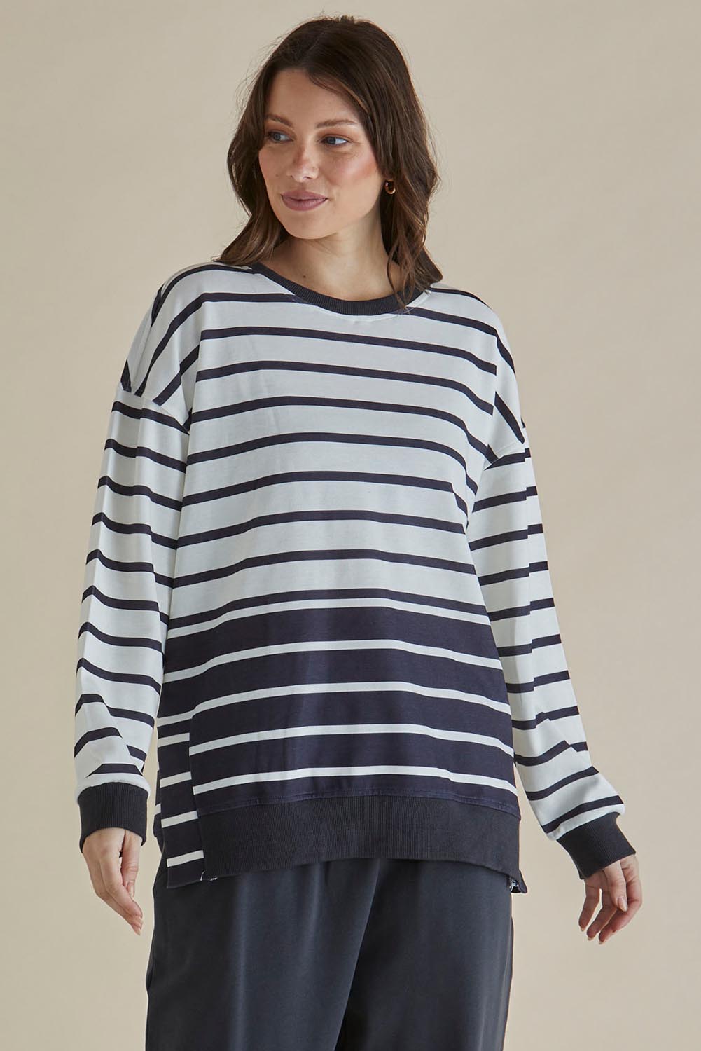 A model wearing the Easy Crew Cotton Sweat in colour Blkwhite, from the front, cropped image