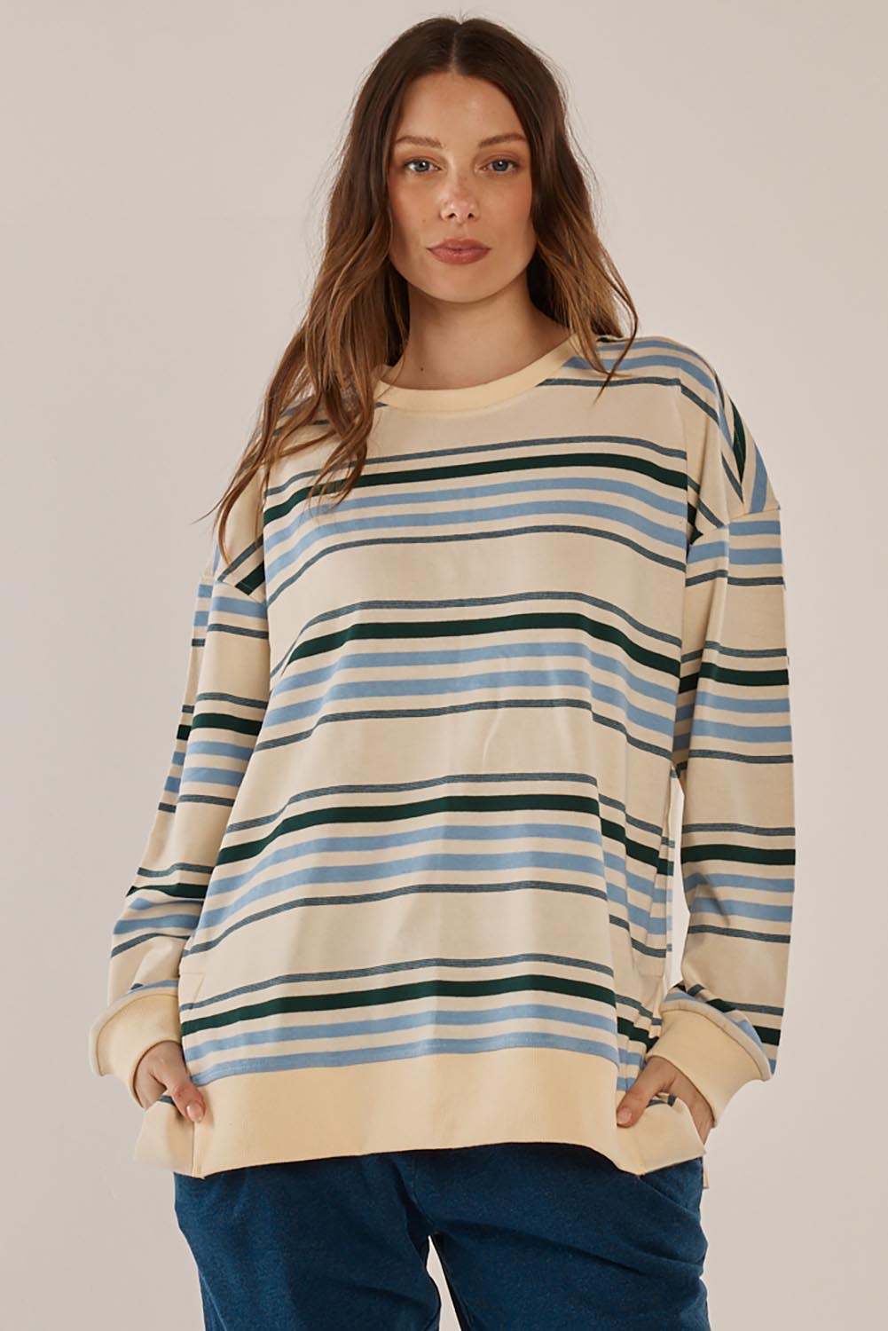 A model wearing the Easy Crew Cotton Sweat in colour Bluegreen (Blue), from the front, cropped image
