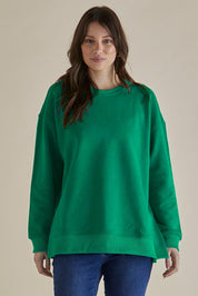 A model wearing the Easy Crew Cotton Sweat in colour Green (Green), from the front, cropped image
