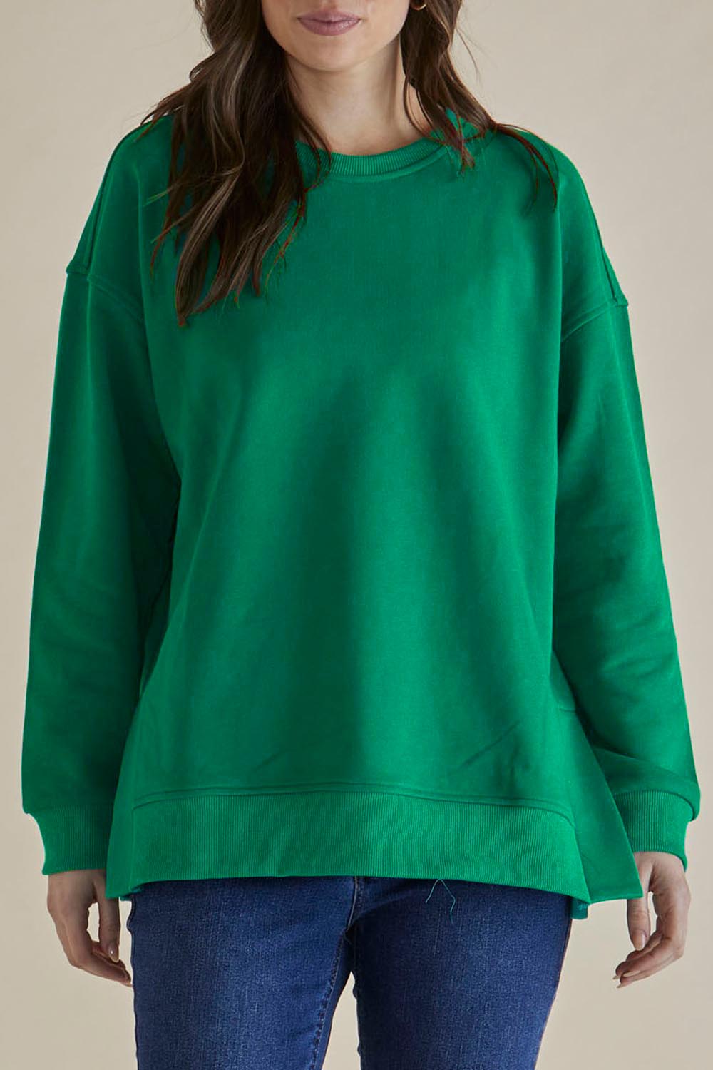 A model wearing the Easy Crew Cotton Sweat in colour Green (Green), from the front, cropped image