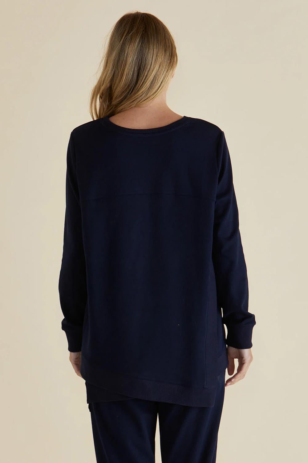 A model wearing the Dune Cotton Blend Sweat in colour Navy (Blue), from the back