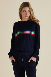 A model wearing the Dune Cotton Blend Sweat in colour Navy (Blue), from the front, cropped image
