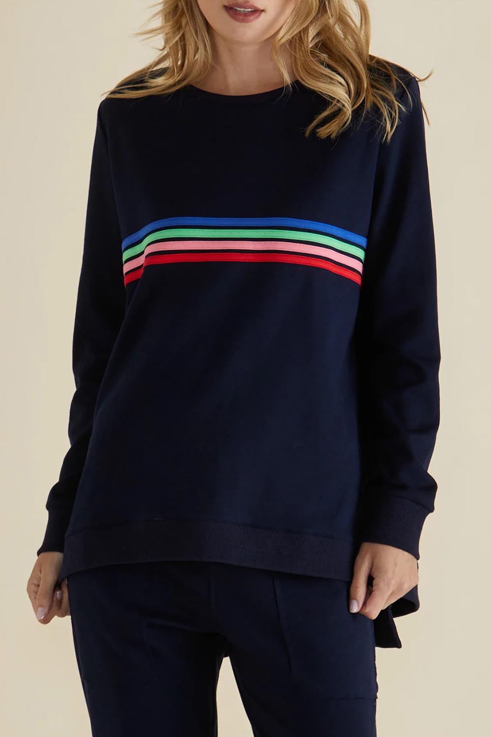 A model wearing the Dune Cotton Blend Sweat in colour Navy (Blue), from the front, cropped image