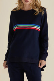 A model wearing the Dune Cotton Blend Sweat in colour Navy (Blue), from the front, cropped image