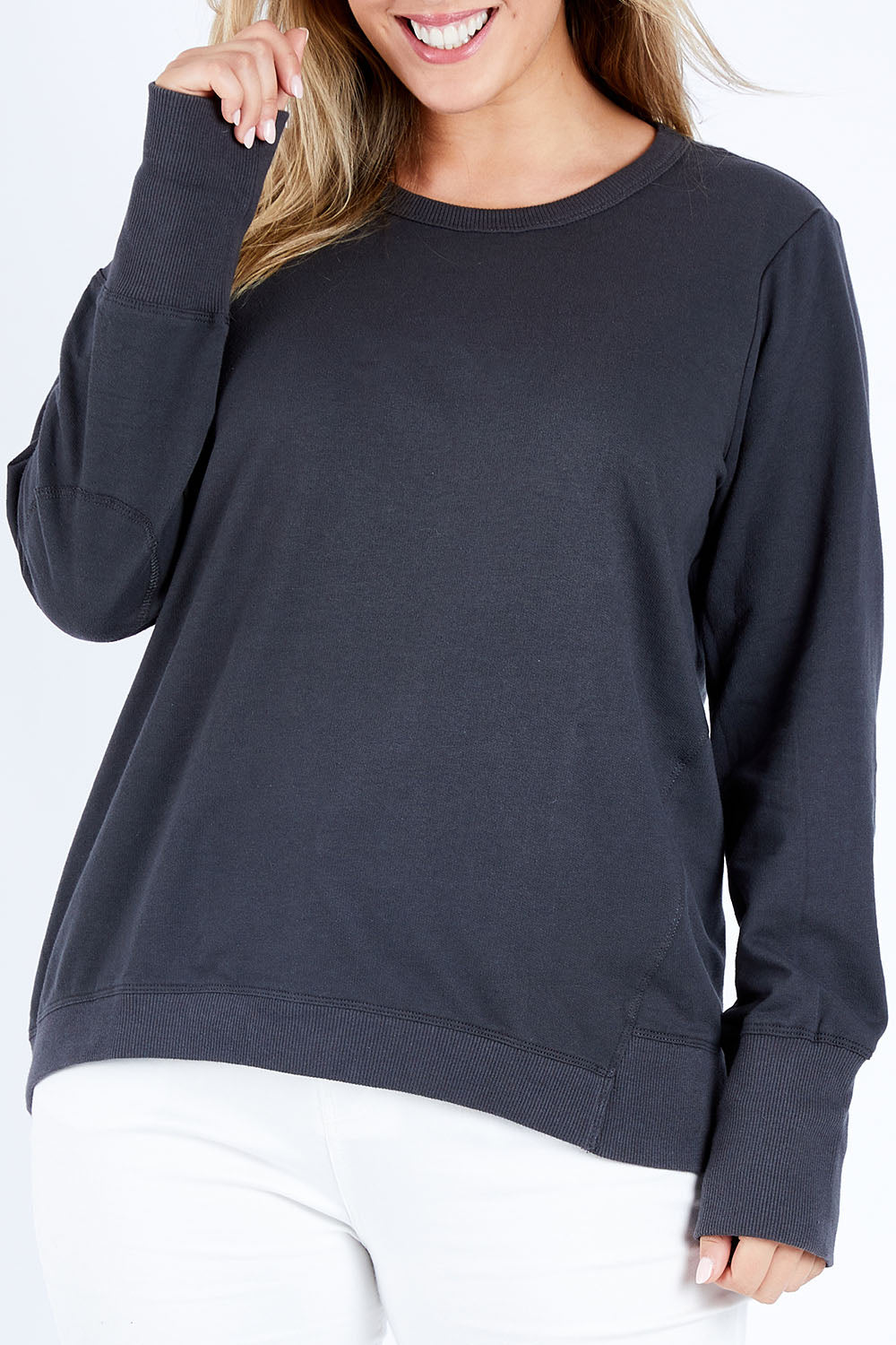 Model Jess wearing size 14 of the Dolly Sweat in colour Gunmetal (Grey), from the front, cropped image