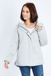Model Andrea wearing size 10 of the Cher Jacket in colour Grey (Grey), from the front, cropped image