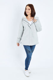 Model Andrea wearing size 10 of the Cher Jacket in colour Grey (Grey), from the front, showing the whole outfit