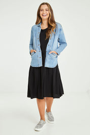 Model Tahlia wearing size 10 of the Reese Denim Shacket in colour Denim (Blue), from the front, showing the whole outfit