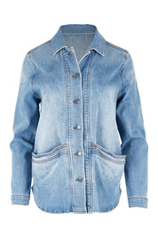Product shot of the Reese Denim Shacket in colour Denim (Blue), from the front
