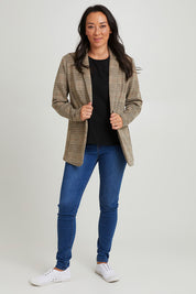 Model Katie wearing size 10 of the Portsea Blazer in colour Mochaplaid, from the front, showing the whole outfit