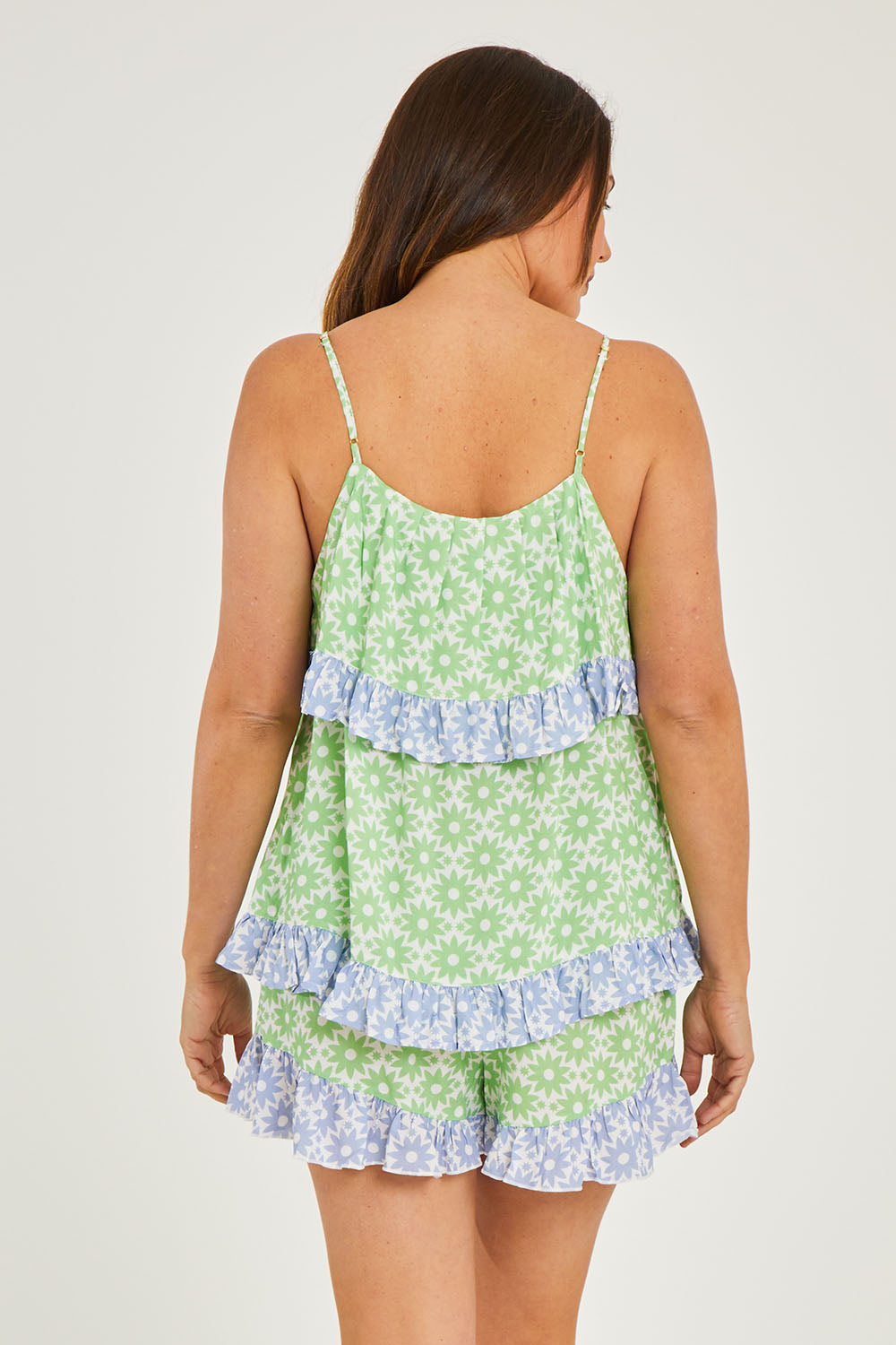 Model Georgia wearing size S of the Tranquility Cami Set in colour Flormosaic (Green), from the back