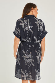 Preloved Embroidery Shirt Dress - Navy