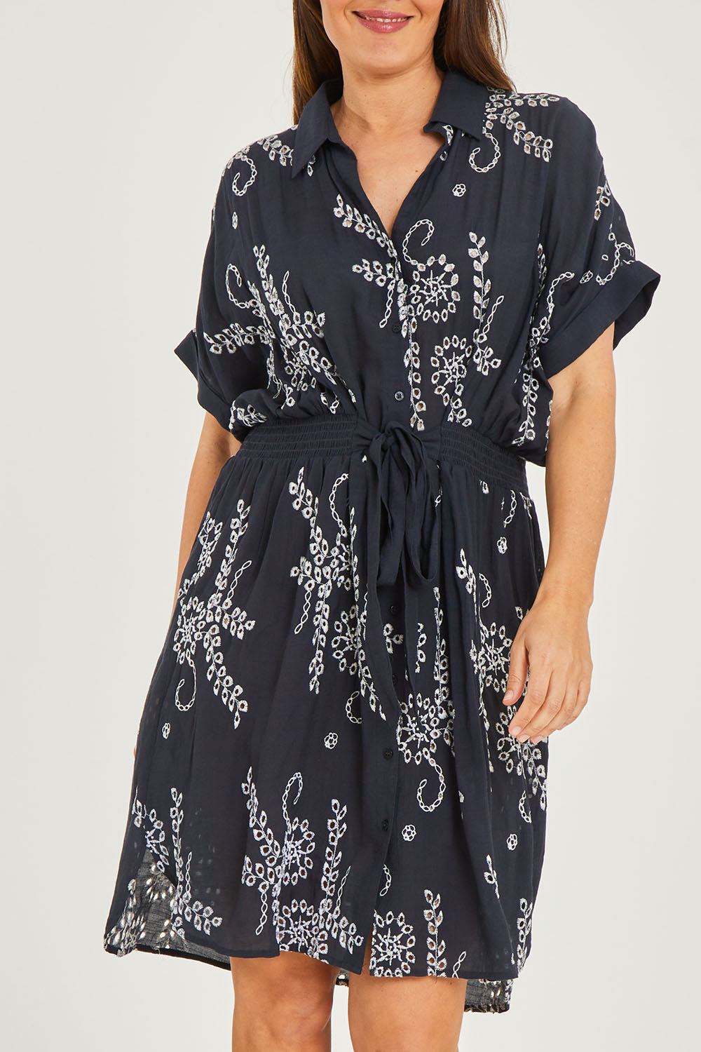 Preloved Embroidery Shirt Dress - Navy