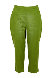Product shot of the Positano Linen Pant in colour Lemongrass (Green), from the front
