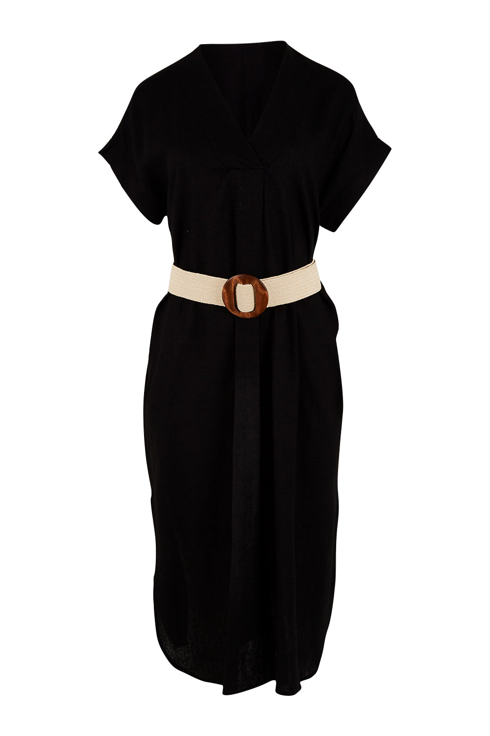 Product shot of the Roma Linen Dress in colour Black (Black), from the front
