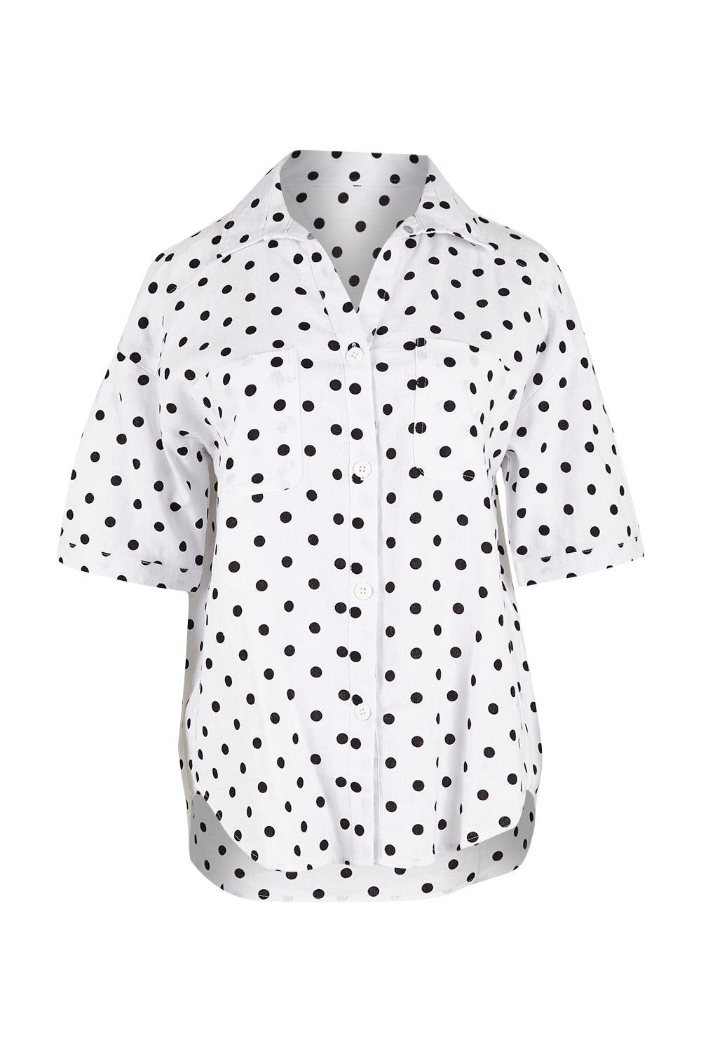 Product shot of the Catania Linen Shirt in colour Polkadot (White), from the front