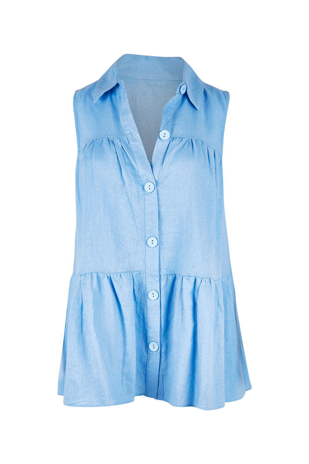 Product shot of the Prague Paneled Blouse in colour Cornflower (Blue), from the front