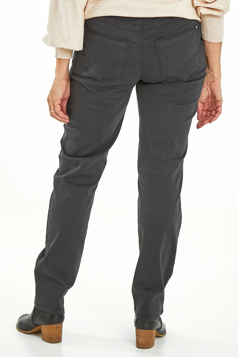 Model Sandy wearing size 10 of the Wynona Curve Jeans in colour Graphite (Black), from the back