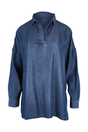 Product shot of the Carmen Pop Over Shirt in colour Darkdenim (Blue), from the front