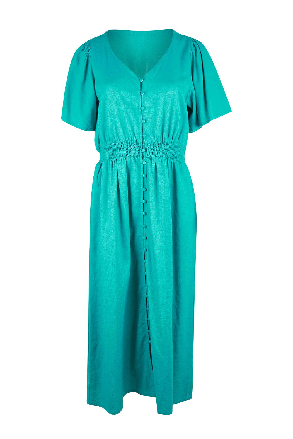 Product shot of the Whitney Dress in colour Teal (Green), from the front