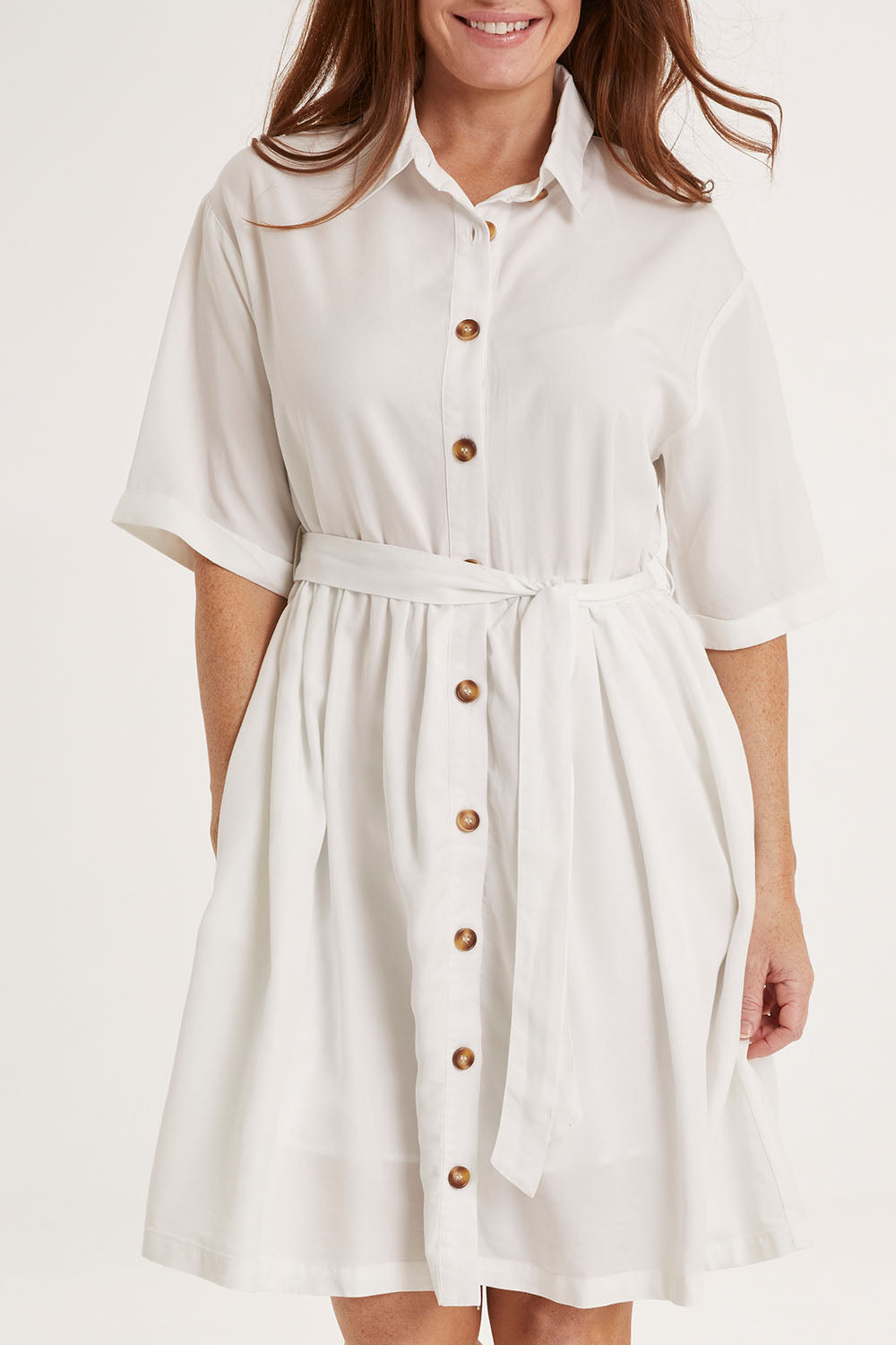 Model Sally wearing size 10 of the Miley Lyocell Shirt Dress in colour White (White), from the front, cropped image