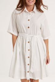 Model Sally wearing size 10 of the Miley Lyocell Shirt Dress in colour White (White), from the front, cropped image