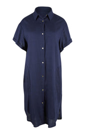 Product shot of the Lani Linen Shirt Dress in colour Navy (Blue), from the front