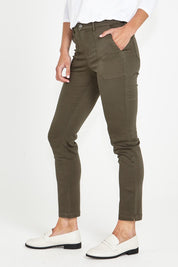 A model wearing the Roxette Stretch Chino Jogger in colour Khaki (Green), from the front, cropped image