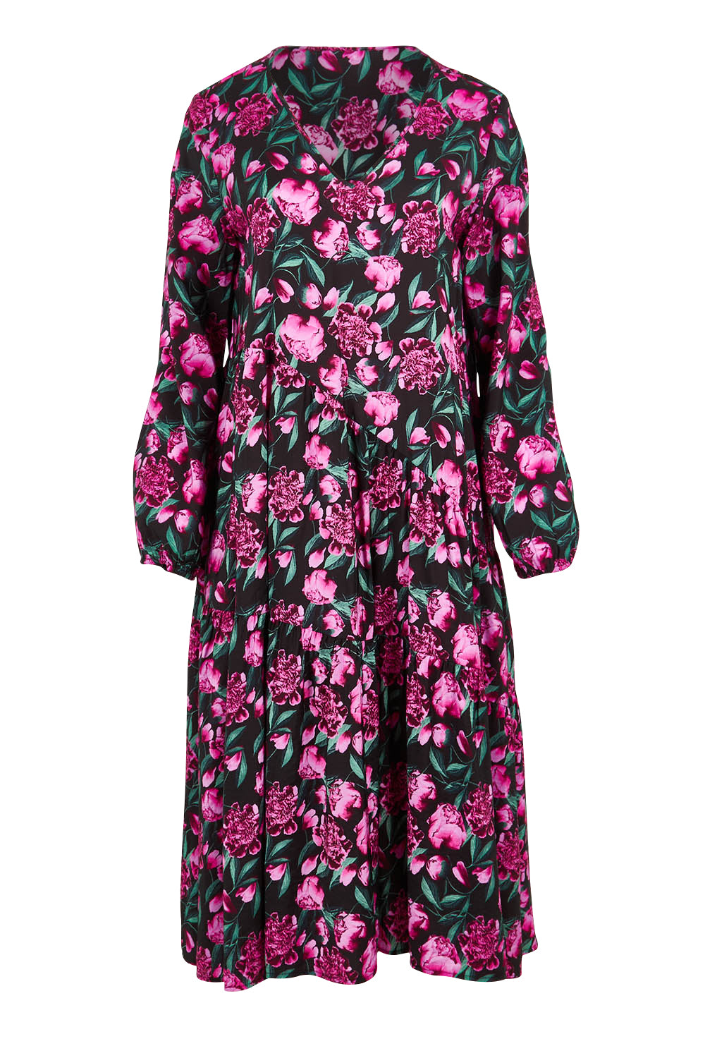 Product shot of the Tenley Tiered Dress in colour Floral (Pink), from the front