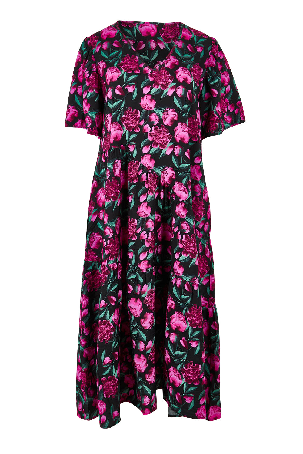 Product shot of the Florence Tiered Dress in colour Floral (Pink), from the front